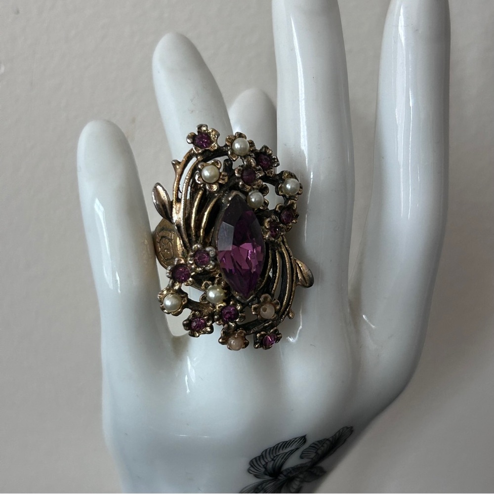 1950’s Cocktail Ring, Large, Faux Amethyst & Pearl